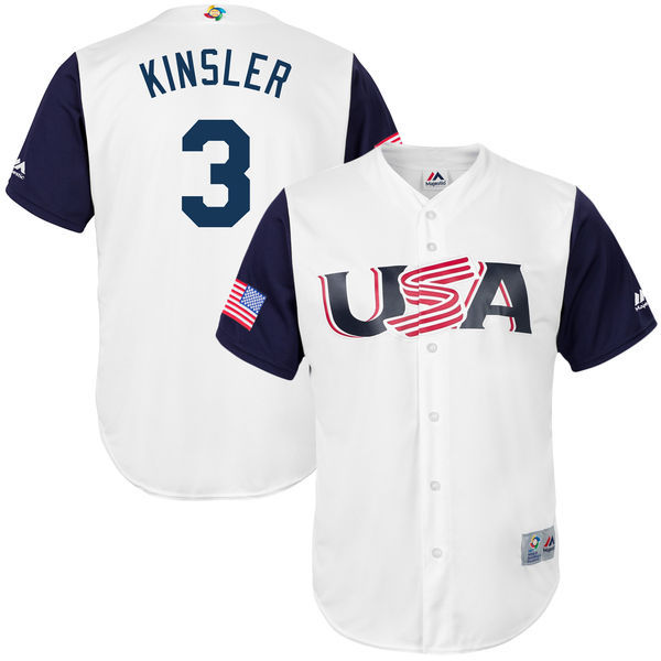 customized Men USA Baseball #3  Ian Kinsler Majestic White 2017 World Baseball Classic Replica Jersey